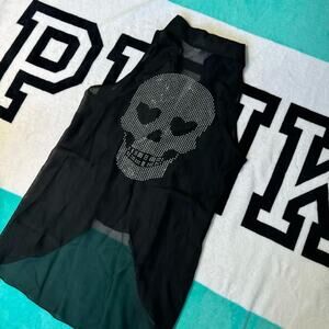 Body Central Y2K Rhinestone Skull Sheer High Low Flowy Goth Vest Blouse Size S